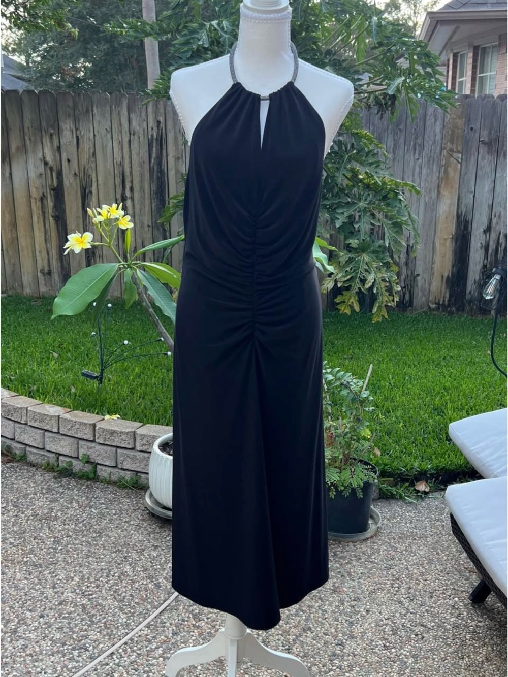 White House Black Market Black Halter Midi Dress with Beaded Neckline